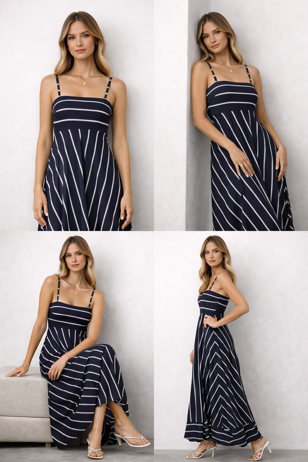 spaghetti strap striped maxi, fitted bodice flare skirt maxi, summer flare maxi striped dress, fit and flare maxi dress, long flowy beach maxi, island maxi dress, high waist striped maxi dress, ankle length flare stripe dress, breathable striped maxi dress.