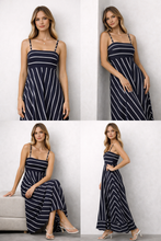 Load image into Gallery viewer, spaghetti strap striped maxi, fitted bodice flare skirt maxi, summer flare maxi striped dress, fit and flare maxi dress, long flowy beach maxi, island maxi dress, high waist striped maxi dress, ankle length flare stripe dress, breathable striped maxi dress.