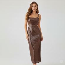 Load image into Gallery viewer, holiday party sequin dress, sparkle sequin dress, Brown sequin spaghetti-strap midi dress for women featuring a sleek fit and sparkly finish, perfect for holiday parties, cocktail nights, evening events, and glam festive outfits.