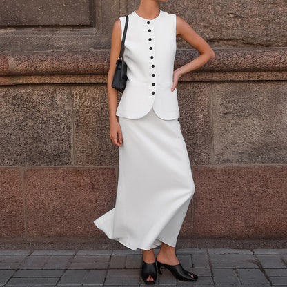 summer office outfit sets, white two piece skirt set, button front vest skirt coord.
