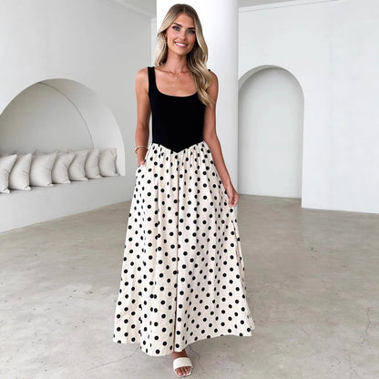 spring polka dot maxi dress, polka dot maxi skirt dress, Black bodice cream polka dot maxi dress, polka dot maxi dress with fitted bodice maxi and square neck maxi dress silhouette, elegant contrast maxi dress ideal for wedding guest polka dot maxi dress and work-appropriate polka dot maxi.