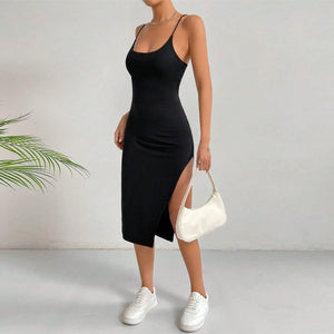 Slim fit black bodycon midi dress with slit, chic spaghetti strap little black dress under $50, cocktail outfit idea, women’s ribbed knit LBD for date night, travel dinner outfit 2025 style.