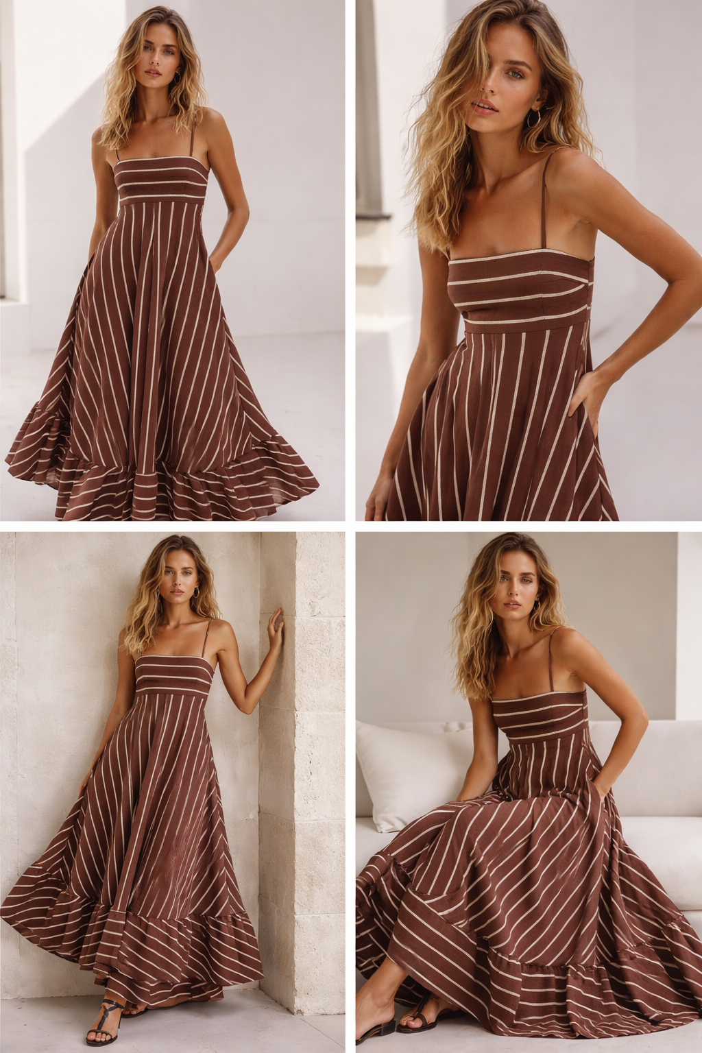 spring summer flowy maxi dress, empire waist maxi dress, Striped maxi dress in chocolate brown and cream stripe flare silhouette, fitted bodice maxi dress with high waist seam, perfect summer maxi dress women love for island dress and beach maxi, summer flare maxi striped dress.