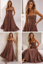 Load image into Gallery viewer, spring summer flowy maxi dress, empire waist maxi dress, Striped maxi dress in chocolate brown and cream stripe flare silhouette, fitted bodice maxi dress with high waist seam, perfect summer maxi dress women love for island dress and beach maxi, summer flare maxi striped dress.