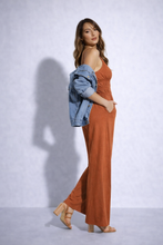 Load image into Gallery viewer, brunch outfit jumpsuit, summer jumpsuit women, smocked jumpsuit, sleeveless jumpsuit, v neck jumpsuit, rust color wide leg jumpsuit, floor length wide leg jumpsuit, lightweight smocked jumpsuit, 