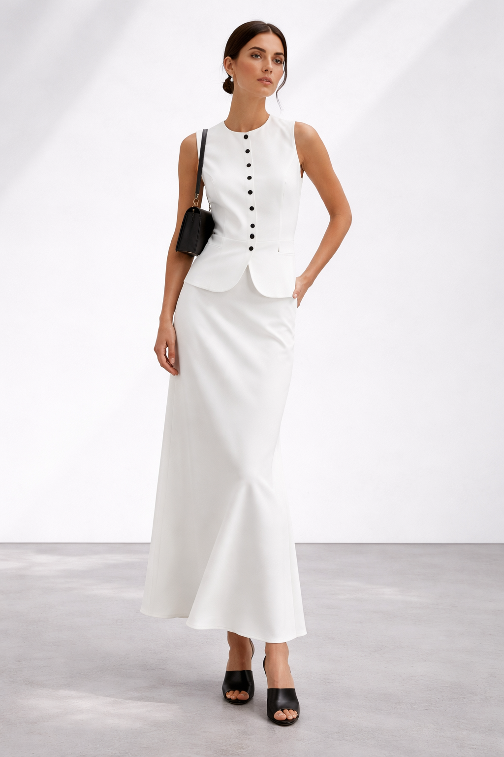 spring coord sets, Petite vest maxi set, white coord set, two piece skirt set, summer outfit sets, button vest skirt set, tailored vest maxi set,  minimalist skirt sets, sleeveless vest sets, business casual two piece, old money coord sets.