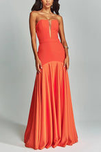 Load image into Gallery viewer,  orange strapless satin evening gown with corset bodice and mermaid skirt for cocktail party or wedding guest dress, corset gown, off shoulder evening dress, what to wear to a summer wedding as a guest.