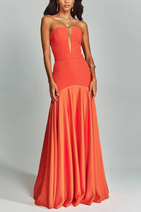  orange strapless satin evening gown with corset bodice and mermaid skirt for cocktail party or wedding guest dress, corset gown, off shoulder evening dress, what to wear to a summer wedding as a guest.