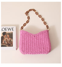 Load image into Gallery viewer, boho straw bag summer, woven beach bag vacation, Textured straw weave handbag with statement chain strap and structured body, a modern woven straw bag perfect for summer vacation bag styling and effortless beachy straw bag looks.

