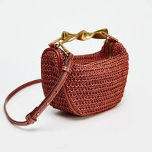 Load image into Gallery viewer, straw sling purse, Affordable designer look straw purse, woven straw handbag for beach vacation, lightweight bag for summer brunch, trendy tote.