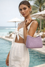 Load image into Gallery viewer, straw purse, Women's straw shoulder bag with woven straw body and chunky resin chain strap, structured natural fiber handbag perfect as a straw bag for women for summer outfits and casual beach day styling, shoulder sling bag for women, straw handbag, wicker bag,  resort bag, raffia shoulder bag.