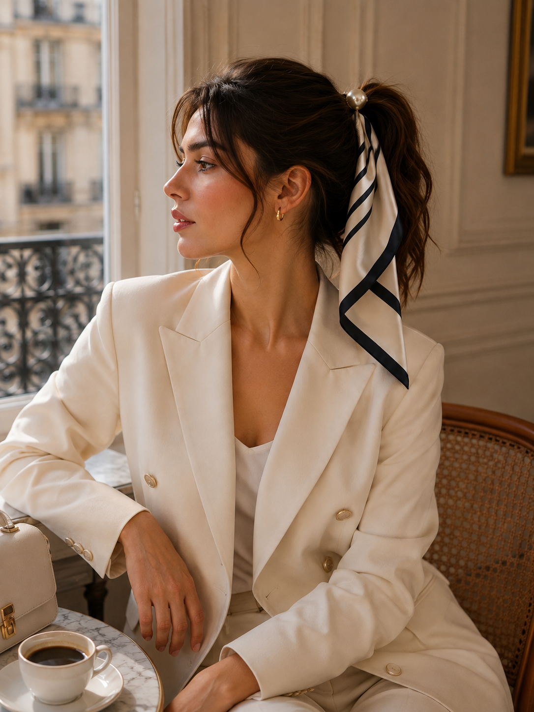 Women's faux silk neck scarf with a magnetic pearl closure, ideal for business casual outfits, tailored blazers, white shirts, and polished office wardrobe styling.