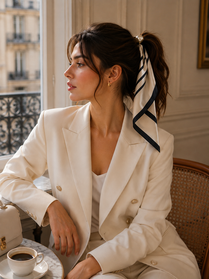 Women's faux silk neck scarf with a magnetic pearl closure, ideal for business casual outfits, tailored blazers, white shirts, and polished office wardrobe styling.