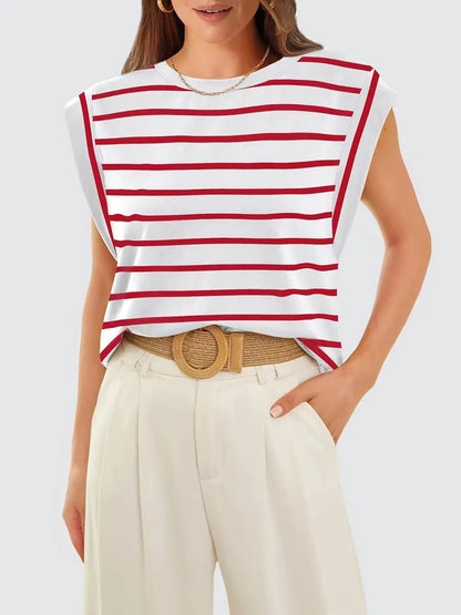 cap sleeve top women, nautical stripe top, nautical fashion women, elevated basics women, summer brunch outfit, Italy vacation outfits, casual classy outfits women, cap sleeve top women, relaxed fit summer top, old money summer outfit, minimalist summer outfit.