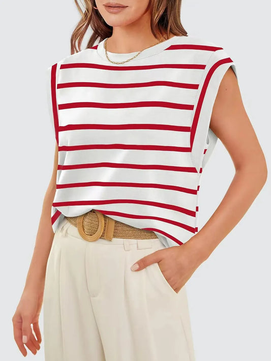 striped cap sleeve summer top, quiet luxury basics, old money style top, Women’s striped cap sleeve top in soft lightweight fabric with a relaxed silhouette, casual chic striped summer top for smart casual wear, european vacation outfits and effortless everyday styling, women’s nautical stripe top with boat neck.