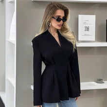 Load image into Gallery viewer, button up blazer women, Front view of fitted black blazer for women with button-up closure and sleek structured shoulders, ideal office wear black blazer for a formal or power blazer look, structured black blazer jacket women, cinched waist black blazer jacket, minimalist luxury black blazer women.