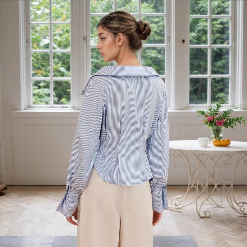 structured waist shirt women, Puff sleeve work shirt in blue pinstripe blouse design featuring structured waist shirt women fit and oversized collar peplum shirt detailing for office work blouse women styling.