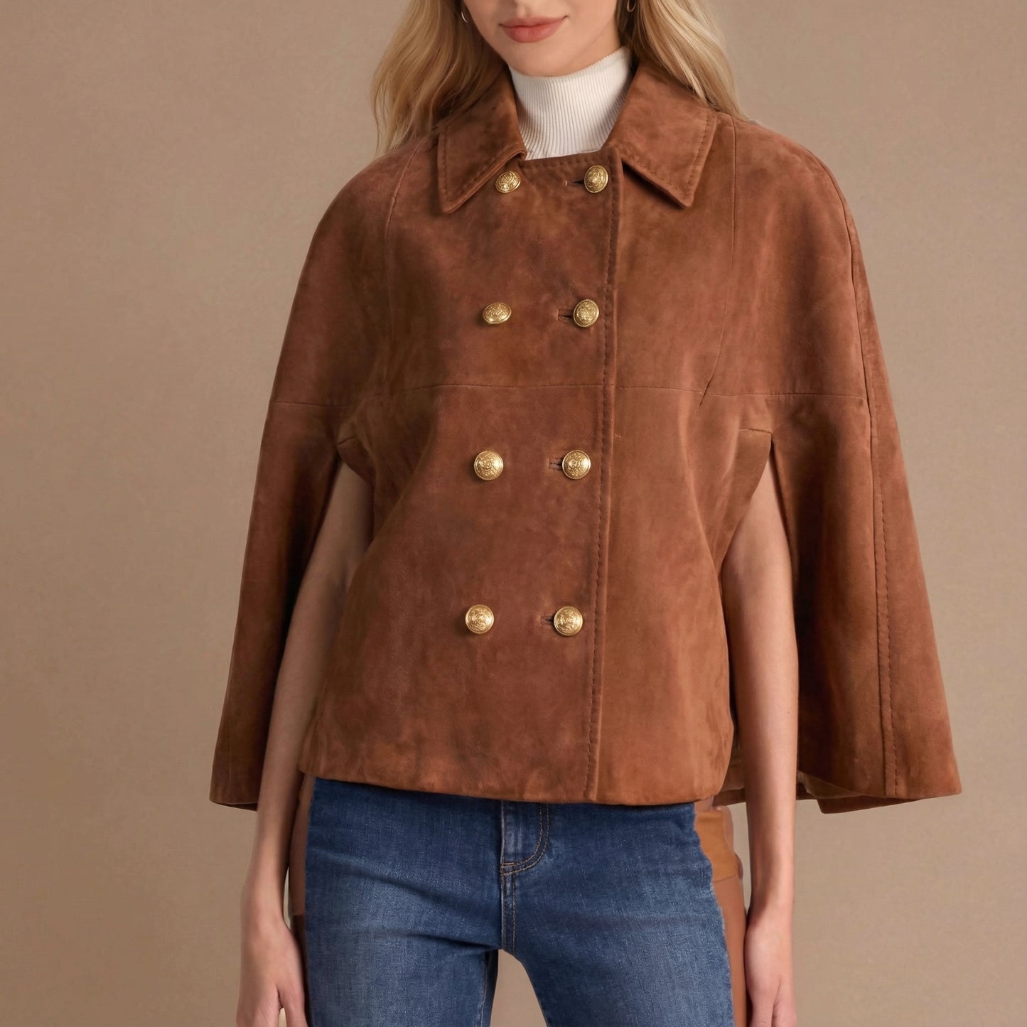 suede cape jacket women, Suede cape jacket women in a cropped chestnut silhouette with gold button jacket detailing, styled as a vintage inspired outerwear women piece and worn as a classy fall double breasted cape for women, double breasted cape jacket women.