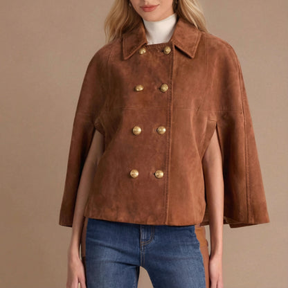 suede cape jacket women, Suede cape jacket women in a cropped chestnut silhouette with gold button jacket detailing, styled as a vintage inspired outerwear women piece and worn as a classy fall double breasted cape for women, double breasted cape jacket women.