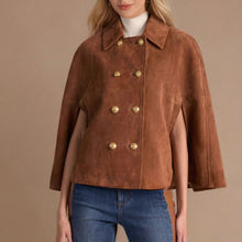 Load image into Gallery viewer, suede cape jacket women, Suede cape jacket women in a cropped chestnut silhouette with gold button jacket detailing, styled as a vintage inspired outerwear women piece and worn as a classy fall double breasted cape for women, double breasted cape jacket women.