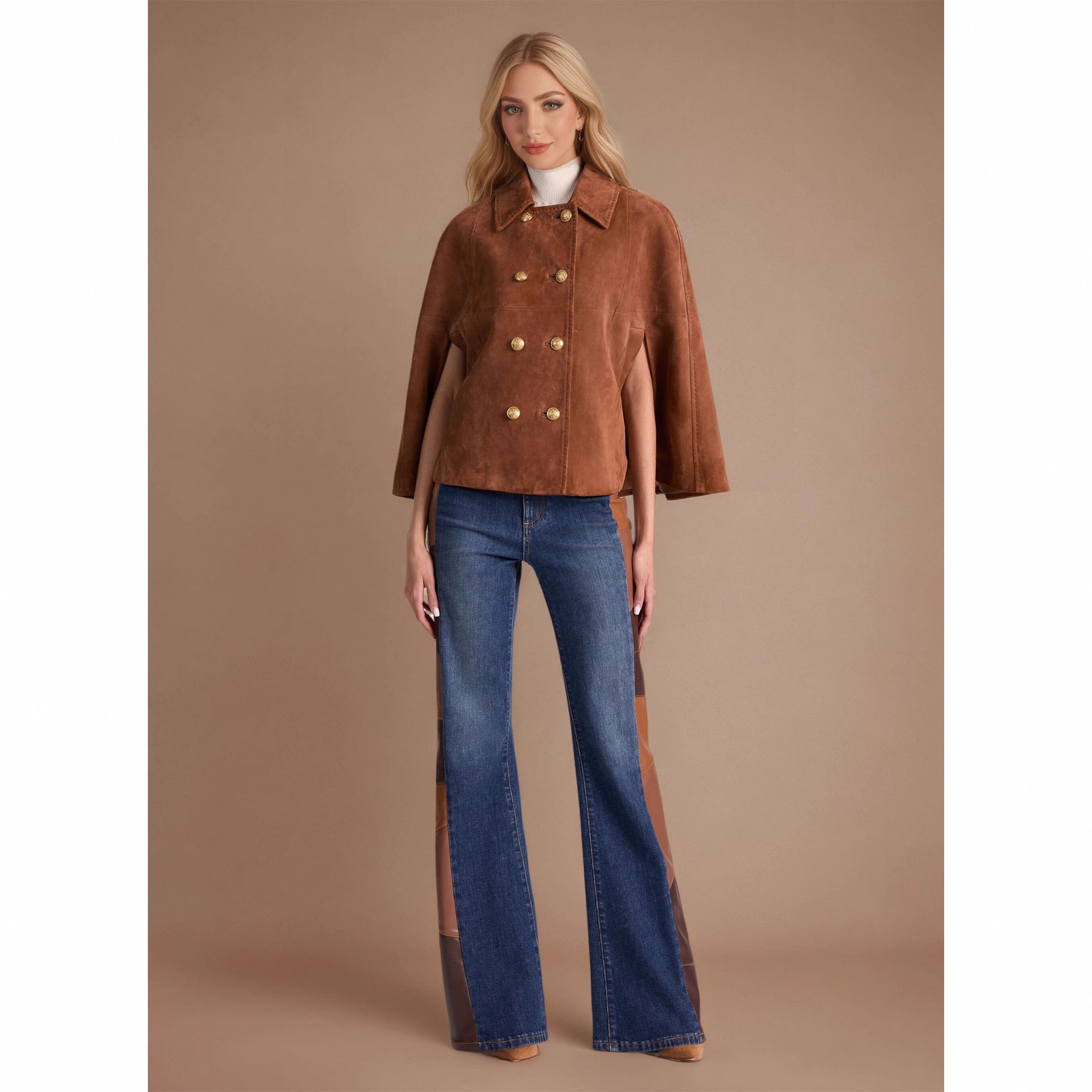 Cropped cape jacket women in soft suede with bold gold buttons, ideal for fall layering cape jacket for business casual outfits and trending as a vintage inspired brown cape coat women essential, brown suede jacket women, tailored cape jacket women.