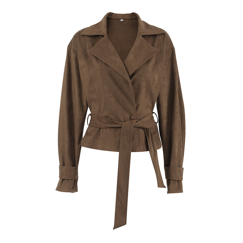Cognac Brown Suede Short Trench Coat | Belted Suede Trench Jacket for Business Casual & Fall Layering