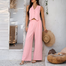 Load image into Gallery viewer, summer-ready neutral pantsuit set, vest and wide-leg pants set for office and casual wear, feminine power co-ord in pink, fancy pantsuit, dressy pantsuit, vest and pants set, Waistcoat women suit, vest set, two piece pants set casual, vest and pants set womens, two piece pants set, work clothes for women.