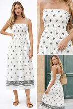 Load image into Gallery viewer, Blair Smocked Strapless Tube Midi Dress | A-line empire waist boho midi dress | Smocked geometric print midi