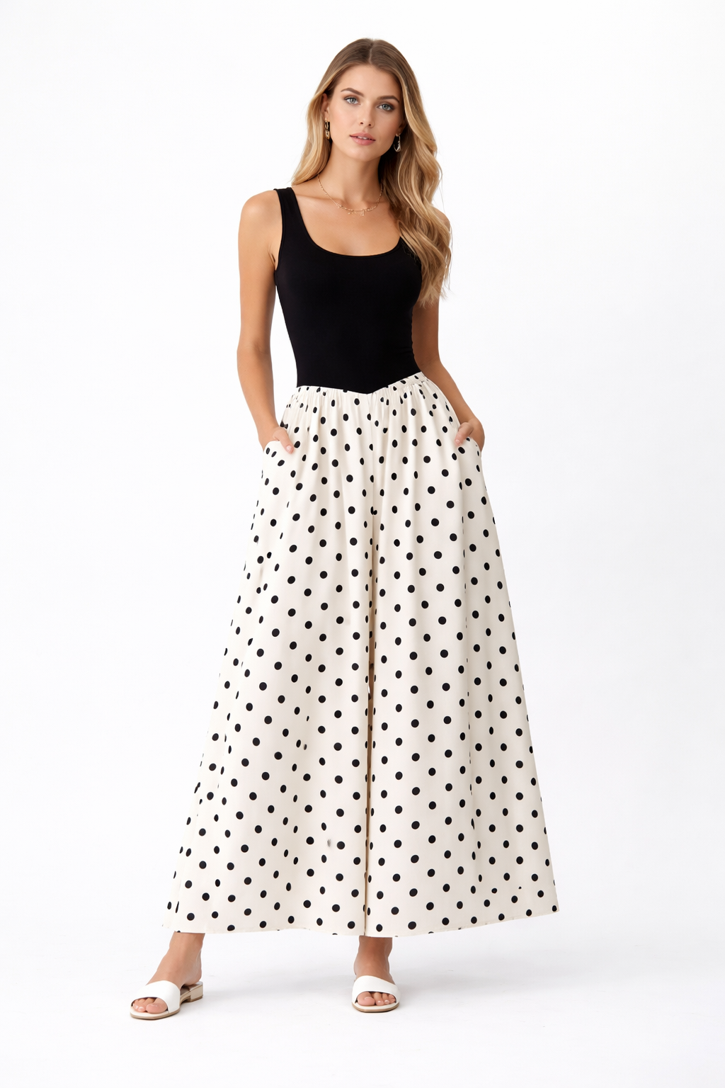 spring polka dot maxi dress, summer polka dot dress, Vintage contrast polka dot dress in black cream maxi dress colorway, polka dot maxi skirt dress with fitted bodice maxi structure, lightweight polka dot maxi for summer evening polka dot maxi events, black cream maxi dress.