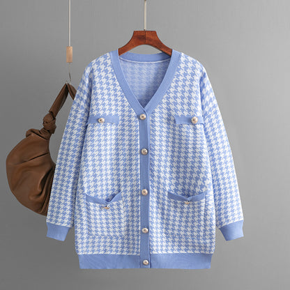 fall cardigan outfit women, old money cardigan, Vintage-inspired houndstooth cardigan women style a timeless pattern with a modern oversized fit and elegant pearl buttons, sweater outfits women fall, cardigan outfit ideas, preppy cardigan women.