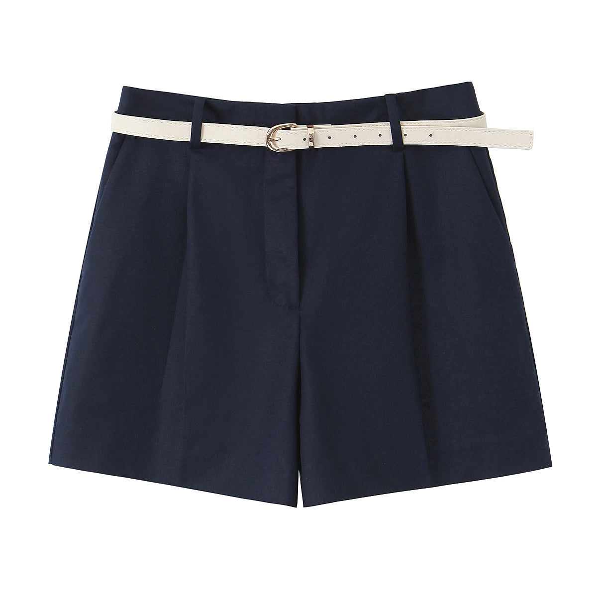 blue belted shorts, high waisted tailored shorts, petite office wear, work appropriate shorts, tailored bermuda shorts, High-waisted wide-leg belted shorts for women, tailored pleated shorts, versatile summer outfit for work, brunch, and travel looks, minimalist neutral wardrobe staple.