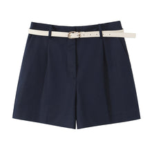 Load image into Gallery viewer, blue belted shorts, high waisted tailored shorts, petite office wear, work appropriate shorts, tailored bermuda shorts, High-waisted wide-leg belted shorts for women, tailored pleated shorts, versatile summer outfit for work, brunch, and travel looks, minimalist neutral wardrobe staple.
