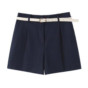blue belted shorts, high waisted tailored shorts, petite office wear, work appropriate shorts, tailored bermuda shorts, High-waisted wide-leg belted shorts for women, tailored pleated shorts, versatile summer outfit for work, brunch, and travel looks, minimalist neutral wardrobe staple.