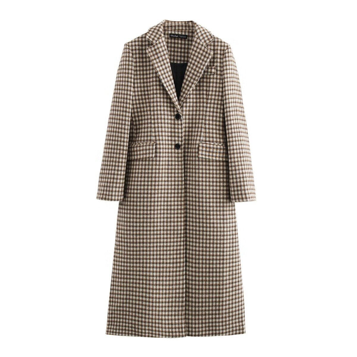 Elegant tailored plaid coat women adore, crafted in premium wool blend with a classic checked pattern and functional flap pockets a timeless winter long plaid coat outfit.