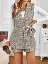 Load image into Gallery viewer, business casual shorts set women, Belted blazer vest with structured lapel and plaid check texture, part of an elegant beige co-ord shorts suit women love for smart casual, brunch, and travel-ready layering, sleeveless blazer suit with shorts.