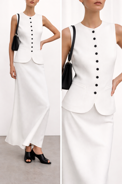 tailored vest and skirt set, two piece maxi dress, white two piece set, business casual set, sleeveless vest maxi skirt set, structured button vest coord set, vest skirt set, minimalist two piece, coord set for petite frame, two piece vest set, spring coord sets.
