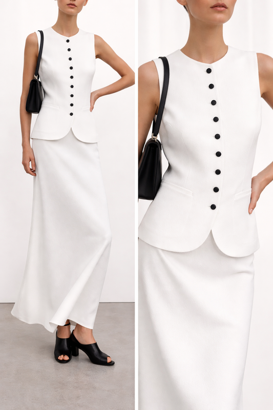 tailored vest and skirt set, two piece maxi dress, white two piece set, business casual set, sleeveless vest maxi skirt set, structured button vest coord set, vest skirt set, minimalist two piece, coord set for petite frame, two piece vest set, spring coord sets.