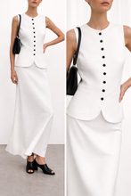 Load image into Gallery viewer, tailored vest and skirt set, two piece maxi dress, white two piece set, business casual set, sleeveless vest maxi skirt set, structured button vest coord set, vest skirt set, minimalist two piece, coord set for petite frame, two piece vest set, spring coord sets.