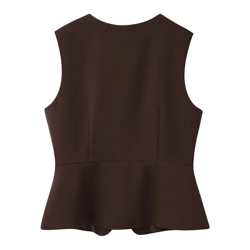 peplum vest top, sleeveless blazer vest women, Tailored peplum vest women, structured smooth fabric with fitted waist silhouette, sleeveless button front design, tailored peplum vest outfit women, perfect for business casual workwear, structured vest women.