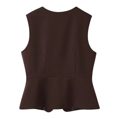 peplum vest top, sleeveless blazer vest women, Tailored peplum vest women, structured smooth fabric with fitted waist silhouette, sleeveless button front design, tailored peplum vest outfit women, perfect for business casual workwear, structured vest women.