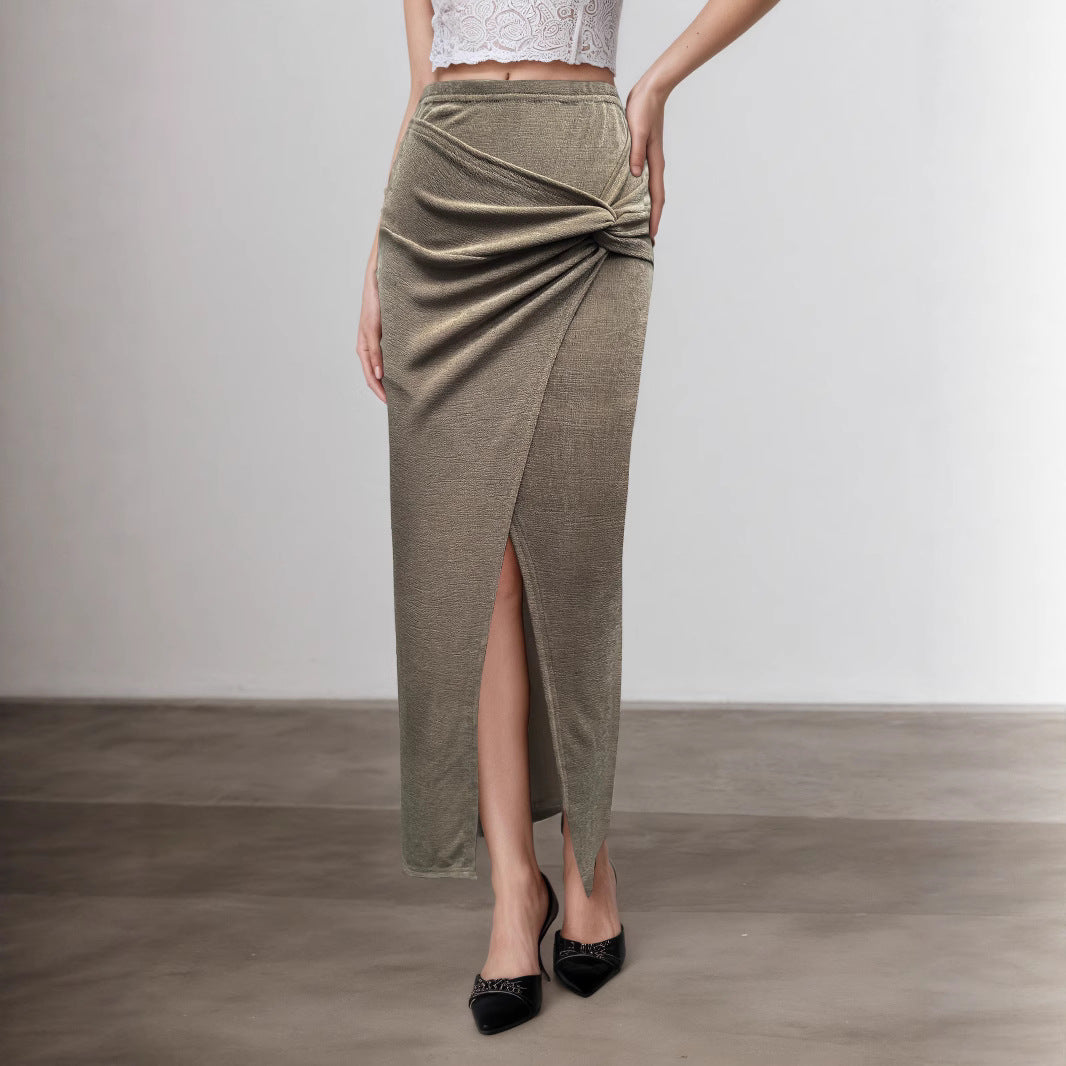 Taupe ruched maxi skirt with slit, knot-front silhouette, women’s chic vacation dinner outfit, capsule wardrobe essential, Pinterest aesthetic.