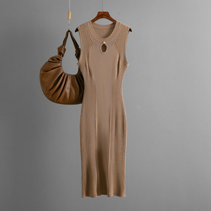 layering dress, slim fit bodycon dress, minimalist chic dress, Women’s sleeveless round neck knit dress slim midi dress for evening outfit, travel dress, minimalist wardrobe essential, in cream, black, brown, red and grey. 