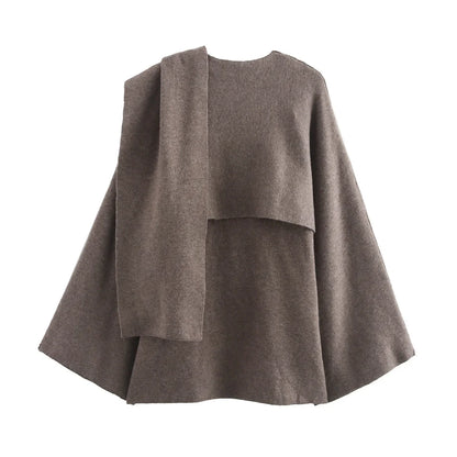 Aristella Draped Cape Scarf Coat | Layered Quiet Luxury Sweater with Attached Scarf | Elegant Shawl Collar Coat
