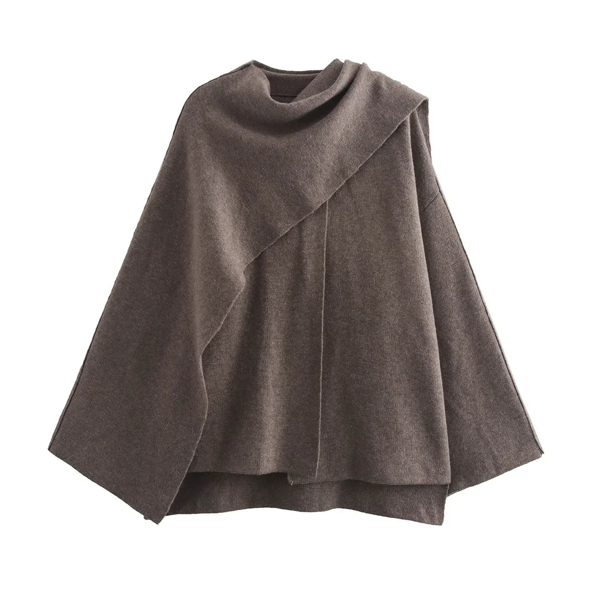 Asymmetric shawl collar cape sweater women, refined layered knit for quiet luxury outfits women, perfect for holiday outfit sweaters women and office styling.
