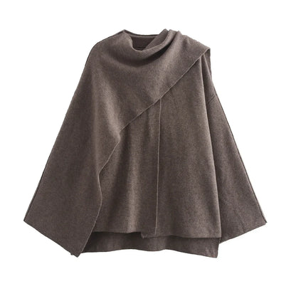 Asymmetric shawl collar cape sweater women, refined layered knit for quiet luxury outfits women, perfect for holiday outfit sweaters women and office styling.