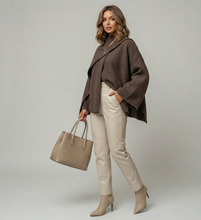 Load image into Gallery viewer, shawl collar coat women, minimalist draped scarf coat taupe, winter coat with scarf women, oversized wool coat women, wool coat with scarf, shawl collar wool coat, draped scarf coat women, winter coat with scarf women.