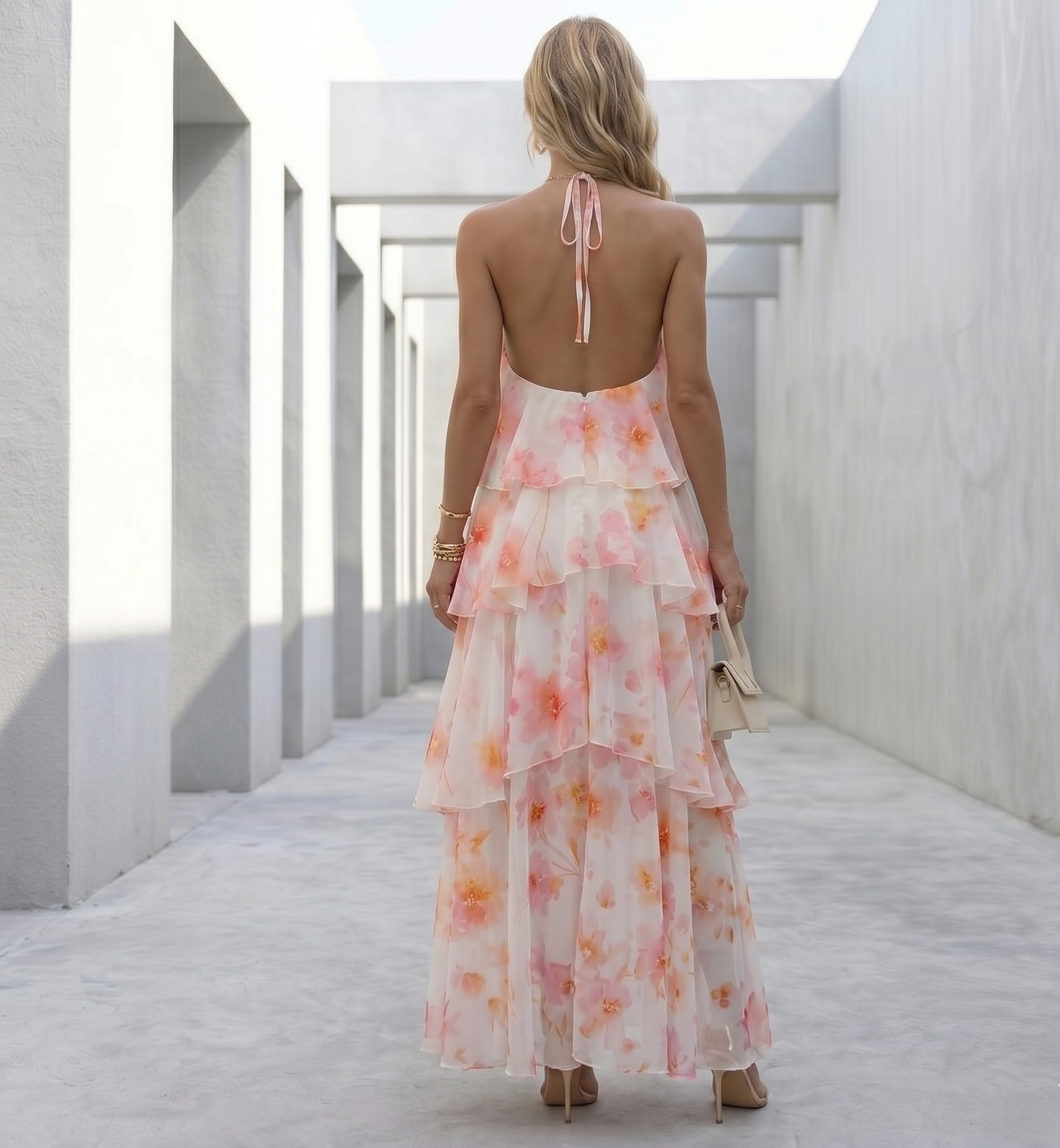A-line floral maxi featuring watercolor-inspired blooms and open-back detail, romantic maxi dress ideal for outdoor ceremony dress moments and elegant seasonal gatherings.