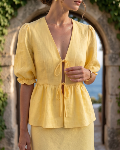 Yellow two piece maxi dress, Peplum co-ord set women featuring adjustable front ties, puff sleeve detailing and an elongated feminine silhouette, perfect as a garden party co-ord set women with Pinterest viral peplum co-ord set appeal for spring events.