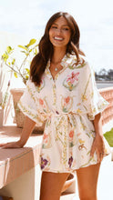 Load image into Gallery viewer, tie waist summer one-piece, romper for curvy women, tall women summer romper, petite floral romper, vacation outfit playsuit