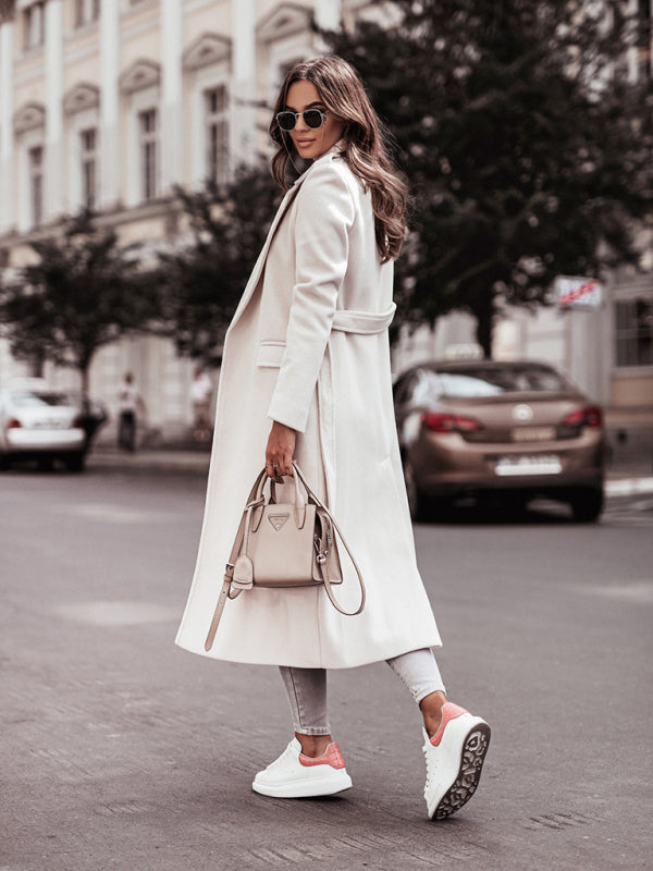 Women’s mid-calf wool blend coat with wrap construction and adjustable fit, ideal for office days, meetings, and cold-weather layering.